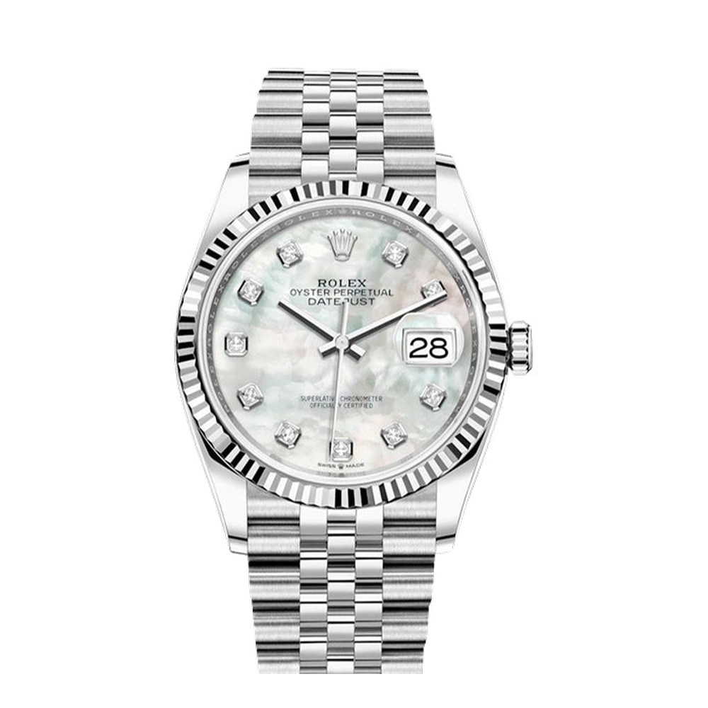 Rolex Datejust 36 Stainless Steel / Fluted / MOP-Diamond / Jubilee White Dial Straps