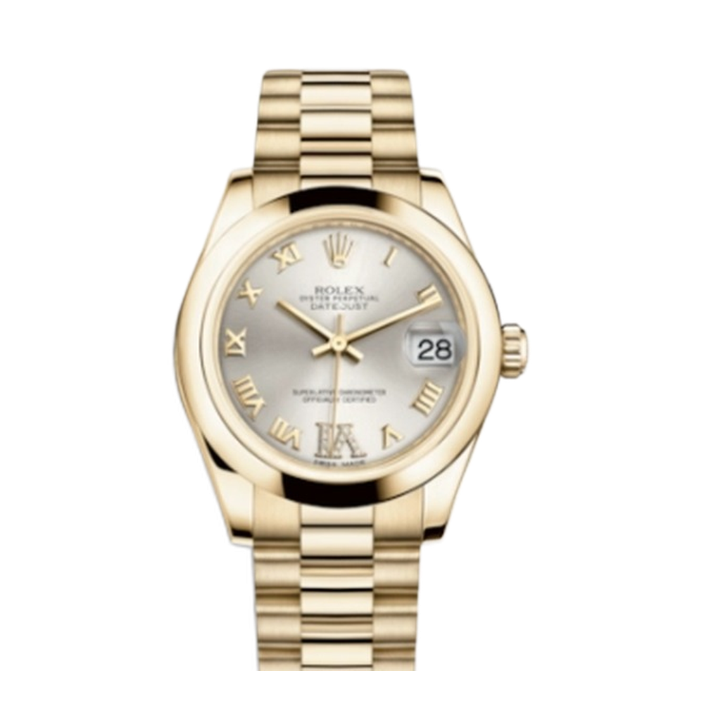 Rolex Datejust 31 Yellow Gold Domed / President / Silver Roman Grey Dial Straps