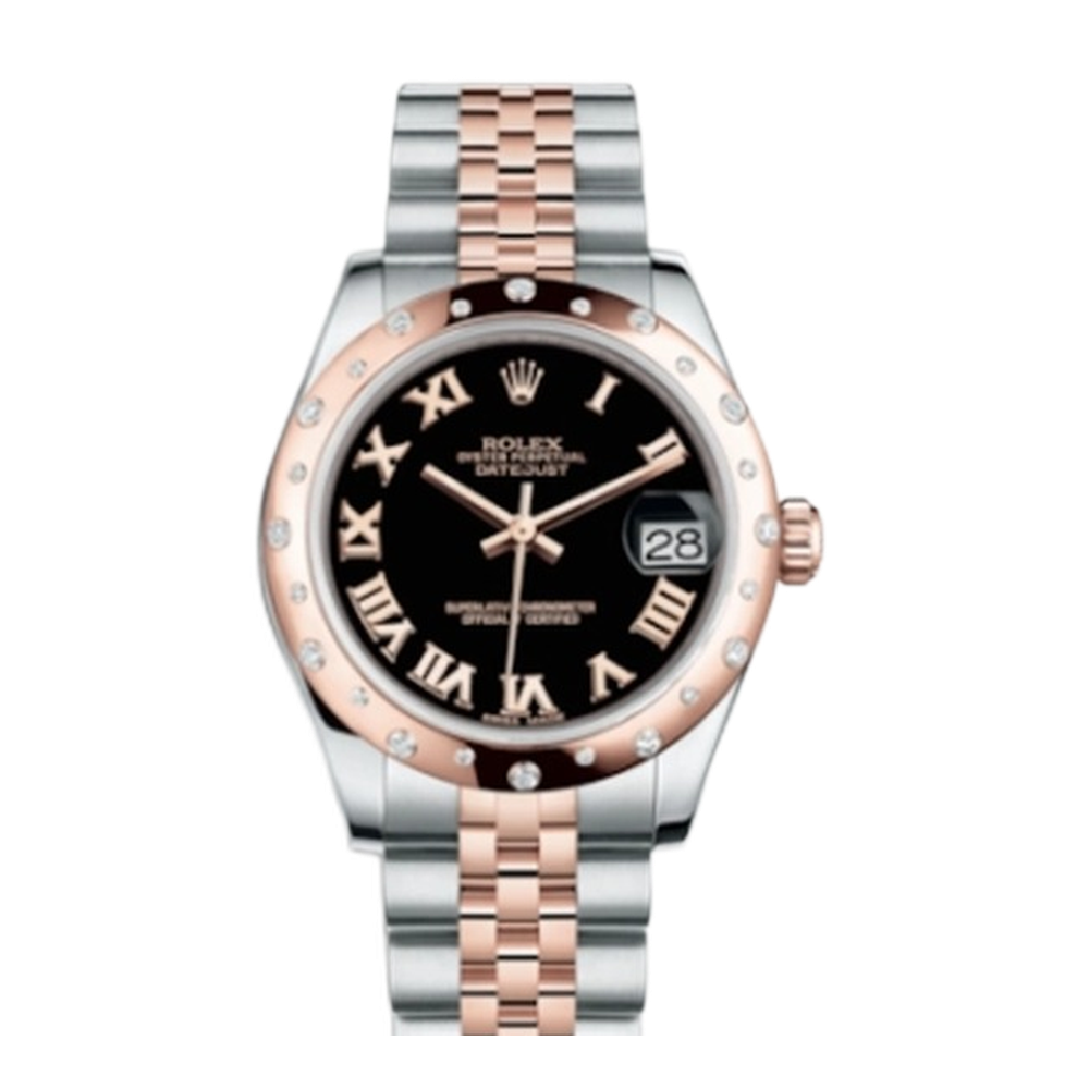 Rolex Datejust 31 Rolesor Everose Domed Diamond / Jubilee / Black Roman Black Dial Straps