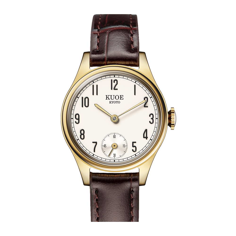 Kuoe Kyoto 90-003 Ivory dial, gold hands, arabic numerals / 26 mm / Yellowgold case Natural/Cream Dial Straps