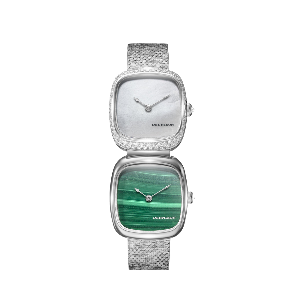 Dennison Dual Time Mini – White MOP & Malachite — White MOP Diamonds & Malachite In Steel White Dial Straps