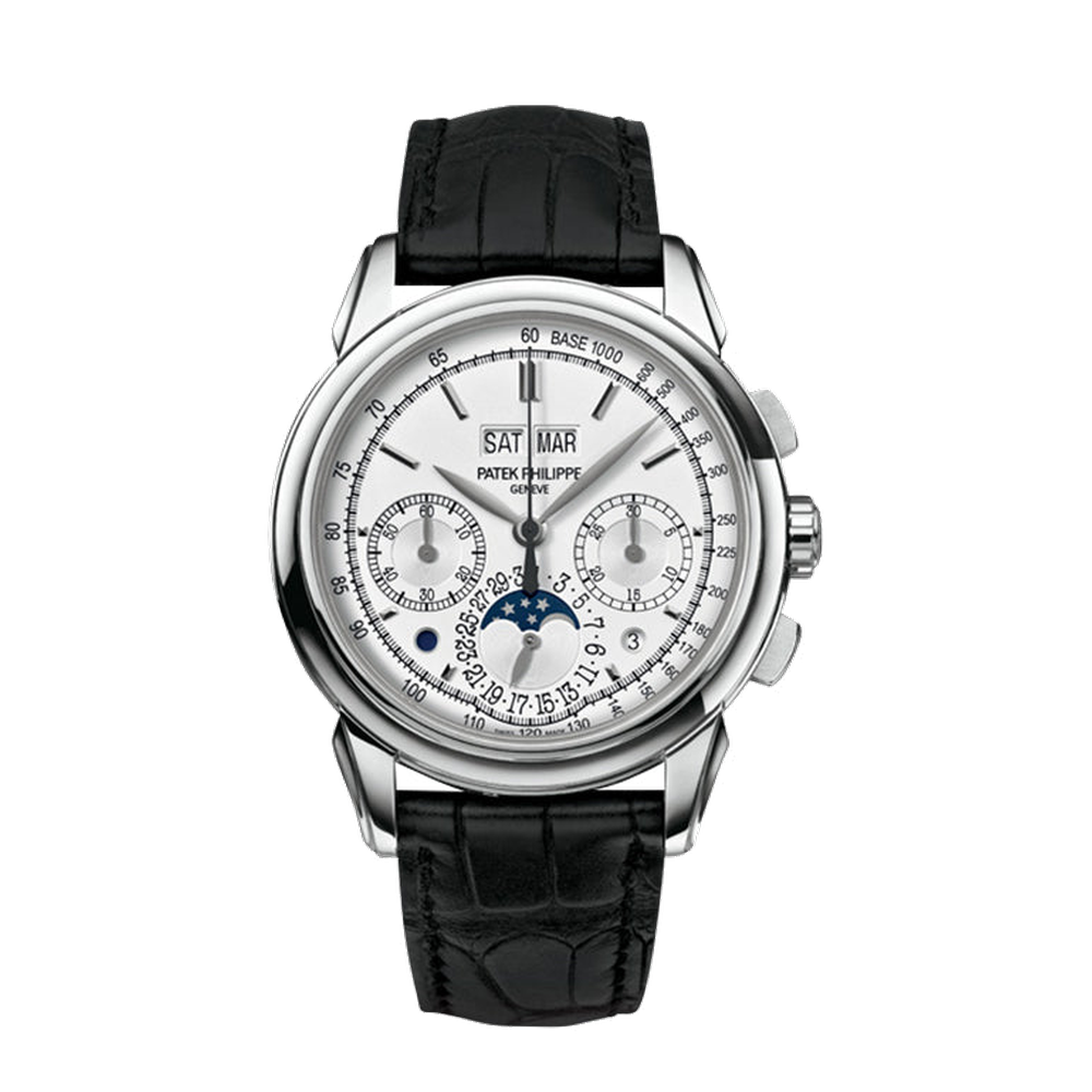 Patek Philippe Perpetual Calendar Chronograph 5270 White Gold / Tachymeter Double Chin White Dial Straps