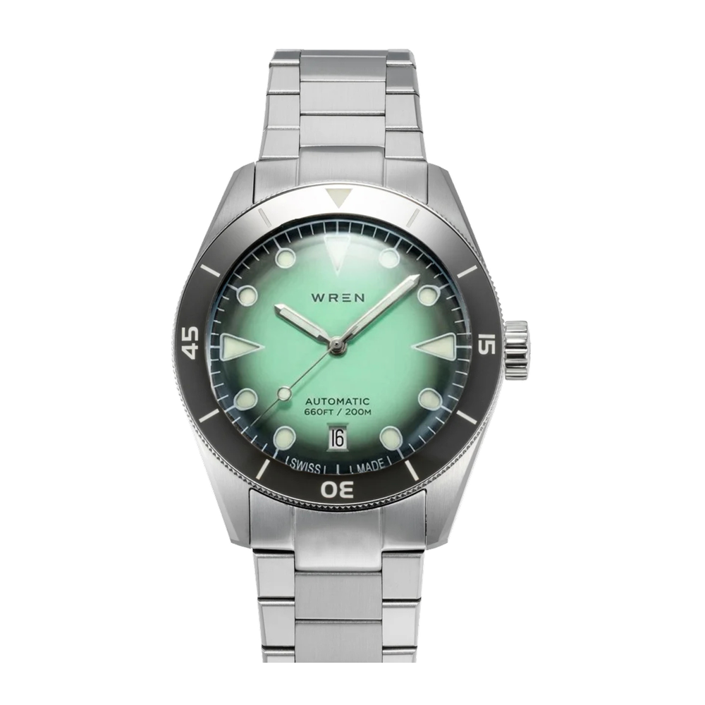 Wren Diver 38 Seafoam Date Green Dial Straps