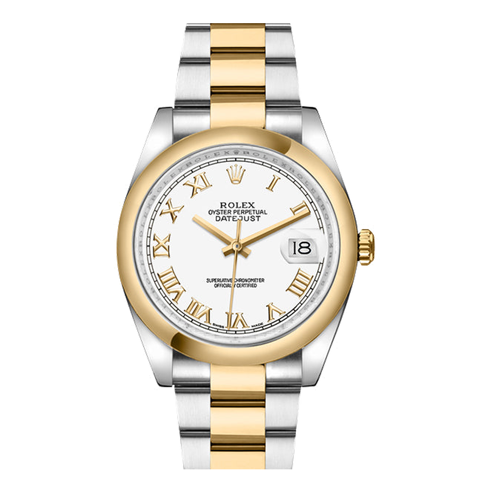 Rolex Datejust 36 Rolesor Yellow Domed / Oyster / White Roman White Dial Straps