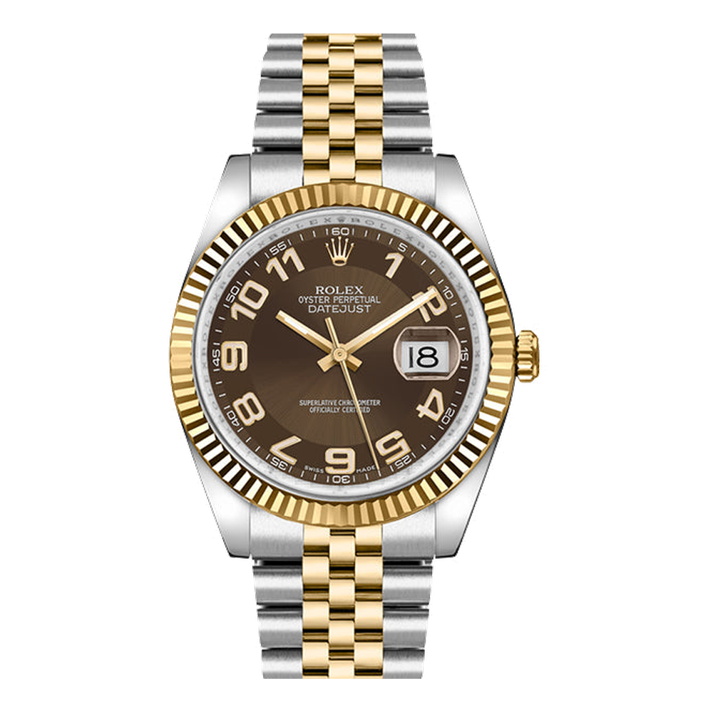 Rolex Datejust 36 Rolesor Yellow Fluted / Jubilee / Bronze Arabic Brown Dial Straps