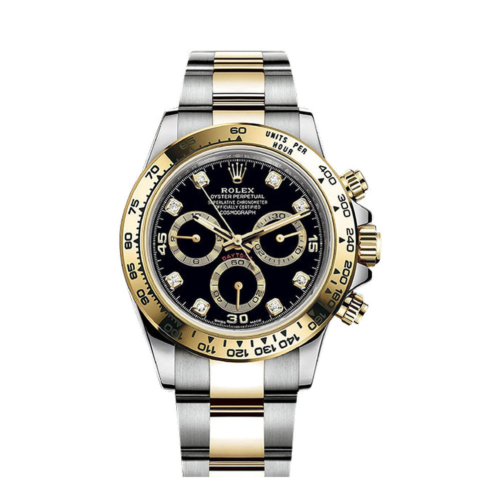 Rolex Cosmograph Daytona Stainless Steel / Yellow Gold / Black - Diamond Black Dial Straps
