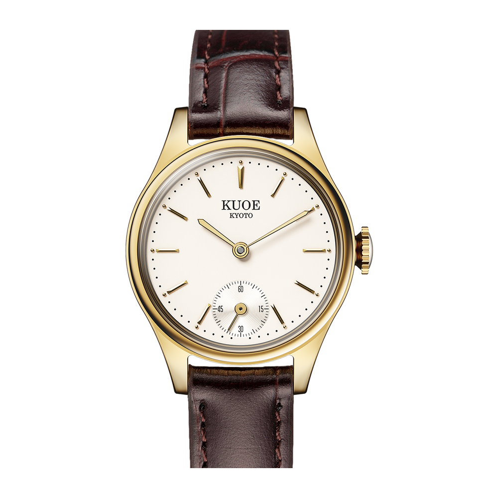 Kuoe Kyoto 90-003 Ivory dial, gold hands, baton indices / 26 mm / Yellowgold case Natural/Cream Dial Straps