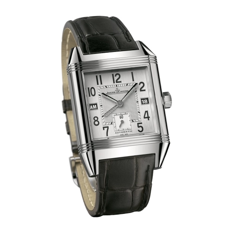 JLC Reverso Squadra Hometime Stainless Steel / Silver / Alligator