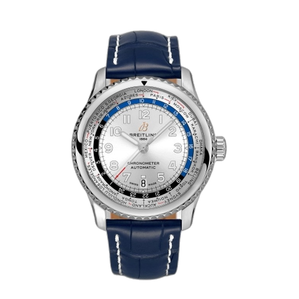 Breitling B35 Automatic Unitime 43 Stainless Steel / Silver / Blue Croco