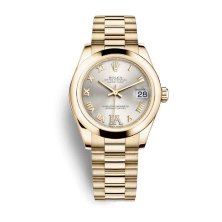 Rolex Datejust 31 Yellow Gold Domed / President / Silver Roman