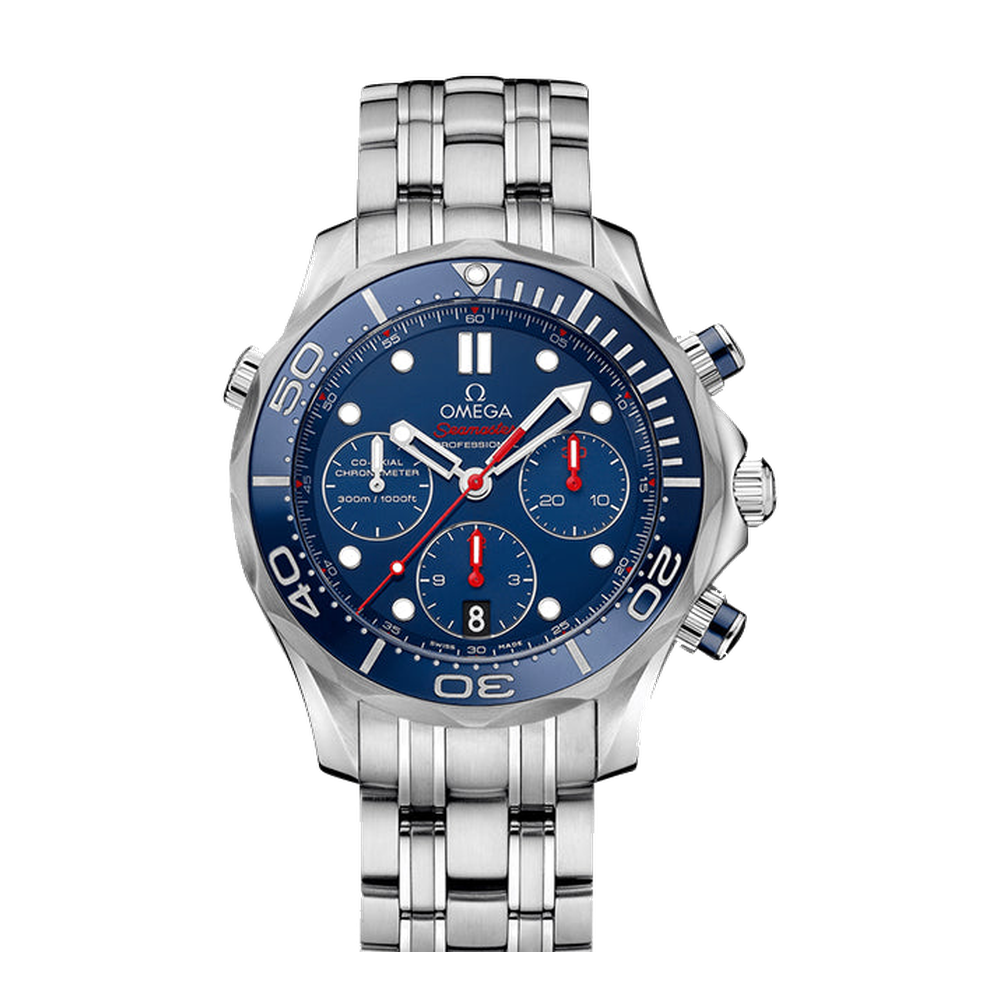 Omega Diver 300M Co-Axial 41.5 Chronograph Stainless Steel / Blue / Bracelet Black Dial Straps