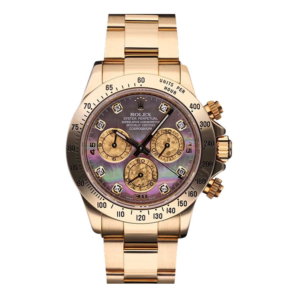 Rolex Daytona Yellow Gold Black Mother of Pearl Diamonds