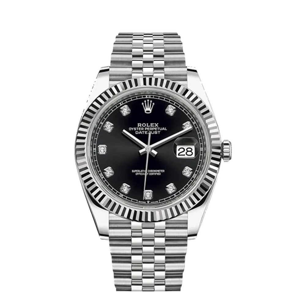 Rolex Datejust 41 Stainless Steel Fluted / Jubilee / Black - Diamond Black Dial Straps