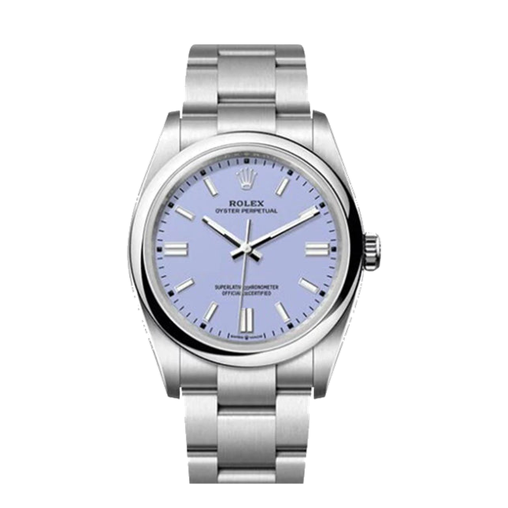 Rolex Oyster Perpetual 34 Stainless Steel / Lavender Blue / Navy Dial Straps