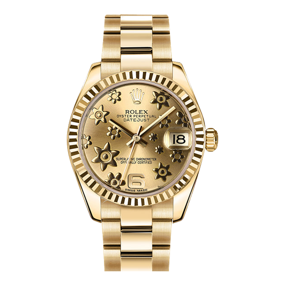 Rolex Datejust 31 Yellow Gold Fluted / Oyster / Champagne Floral