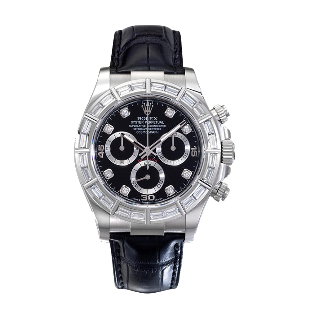 Rolex Daytona White Gold 24 Baguette Strap Black Diamond