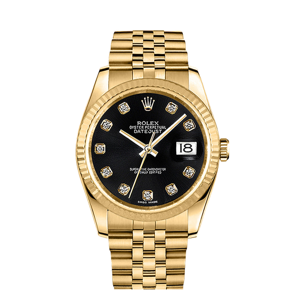 Rolex Datejust 36 Yellow Gold Fluted / Jubilee / Black Diamonds Black Dial Straps