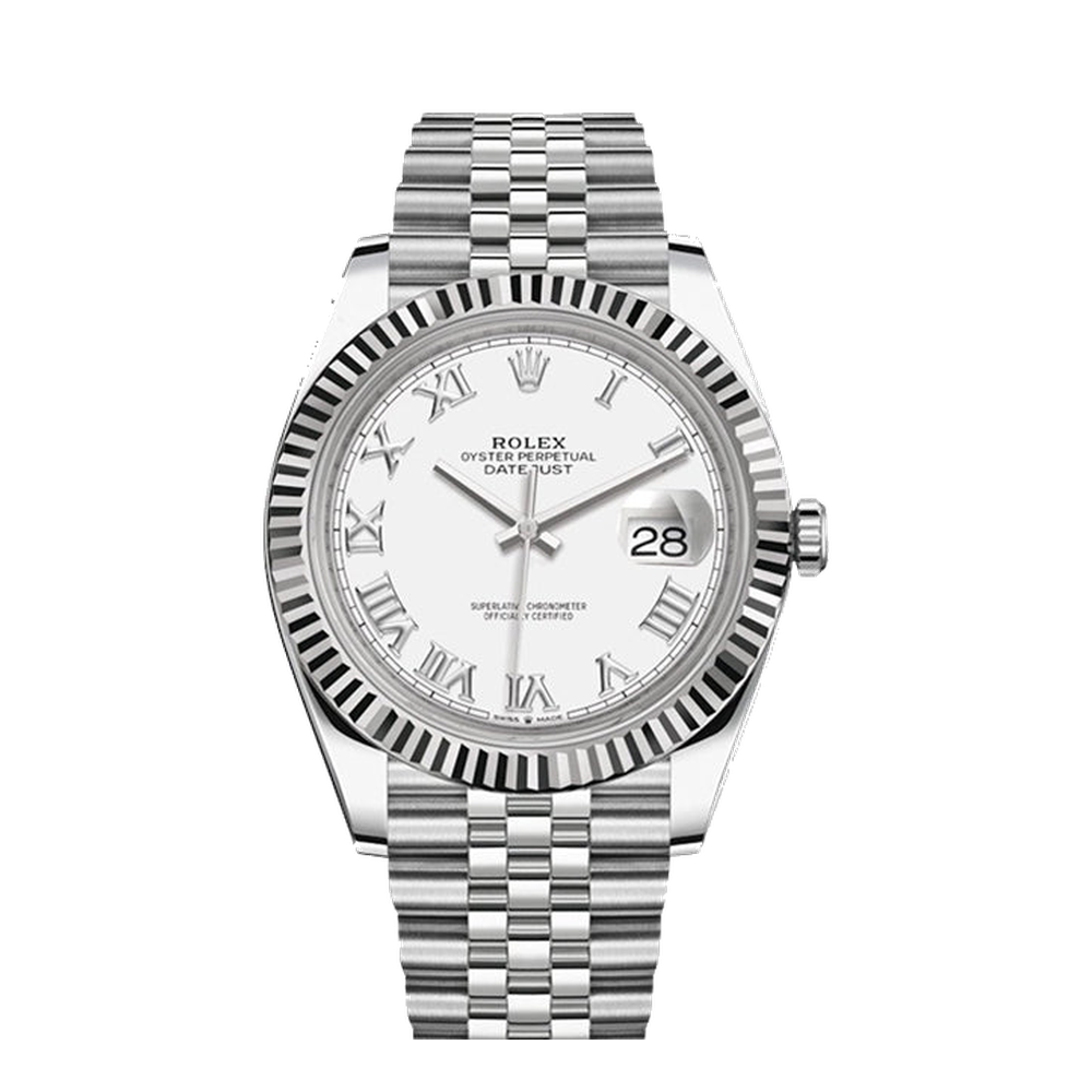 Rolex Datejust 41 Stainless Steel Fluted / White - Roman / Jubilee White Dial Straps