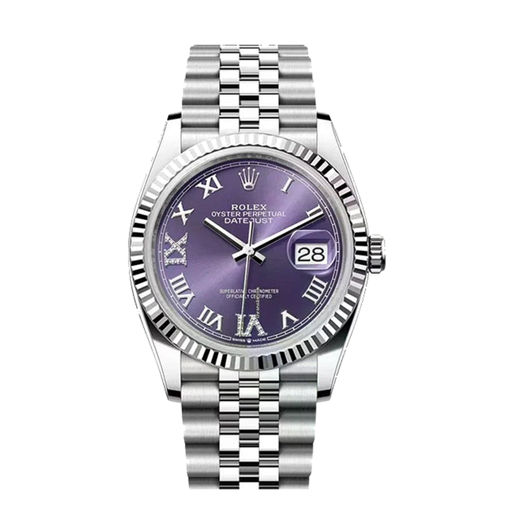 Rolex Datejust 36 Stainless Steel / Fluted / Aubergine Roman-Diamonds / Jubilee