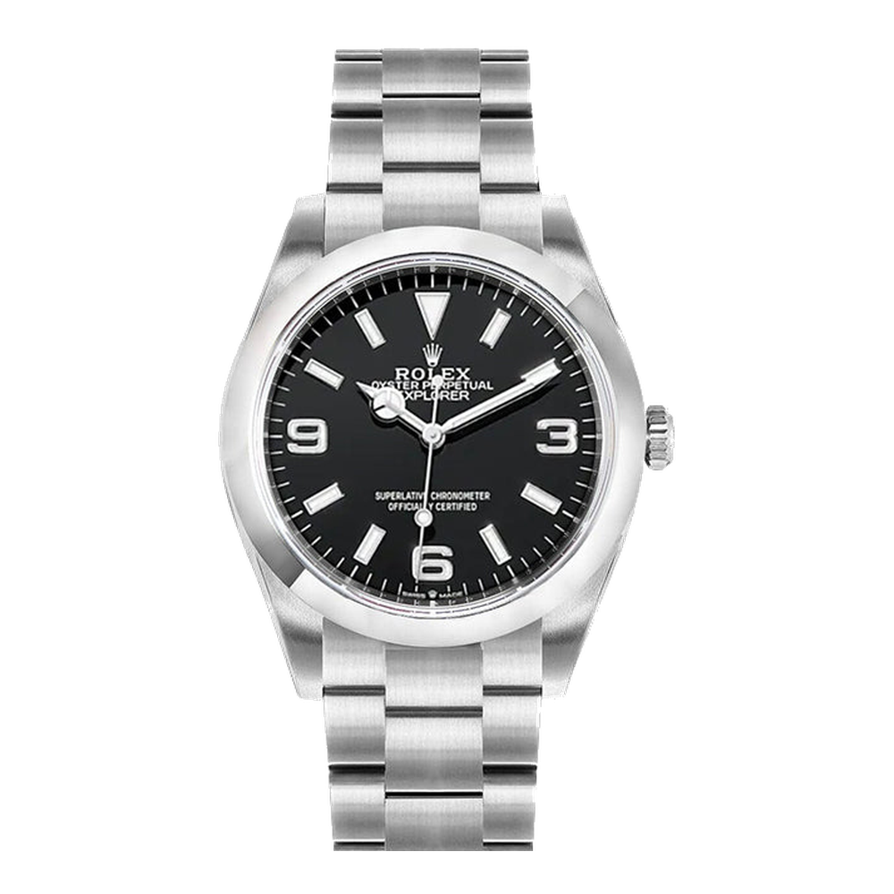 Rolex Explorer 39 / Stainless steel / Black Black Dial Straps